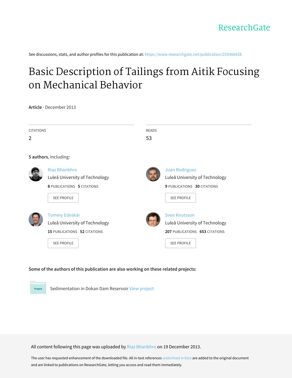 First page of Basic Description of Tailings from Aitik