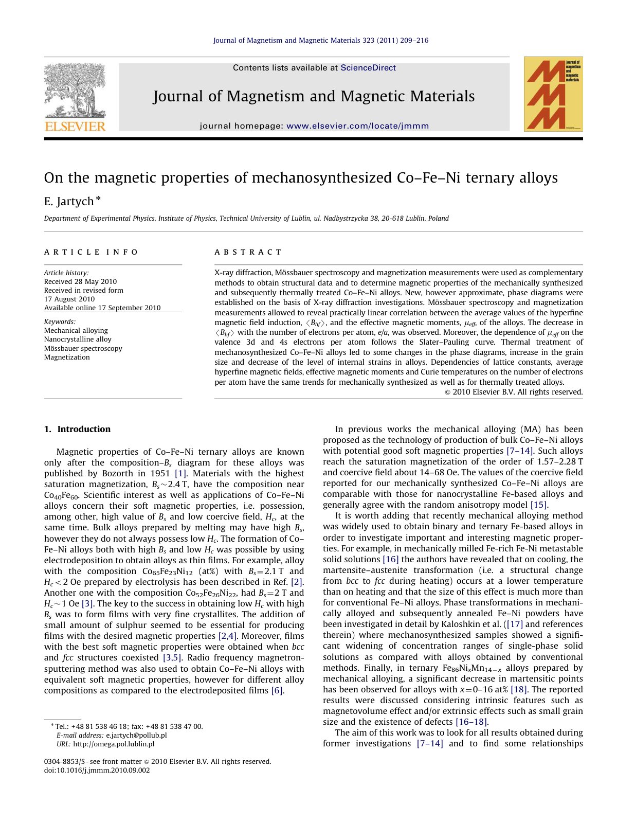 First page of On the magnetic properties of mechanosynthesized Co–Fe–Ni ternary alloys