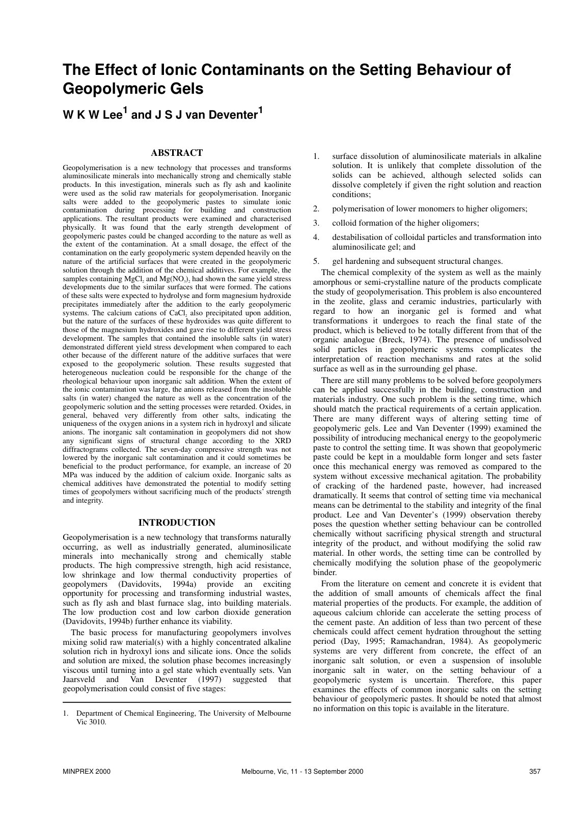 First page of The Effect of Ionic Contaminants on the Setting Behaviour of Geopolymeric Gels