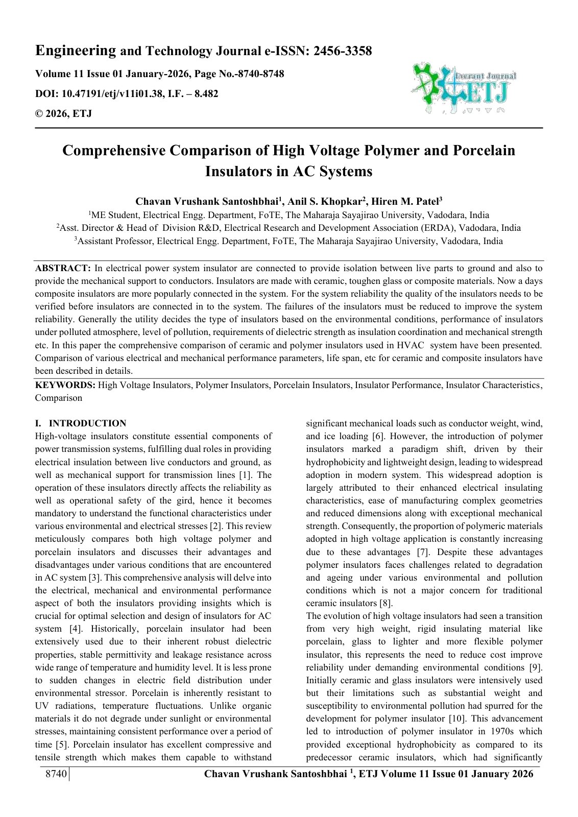 First page of Comprehensive Comparison of High Voltage Polymer and Porcelain  Insulators in AC Systems  