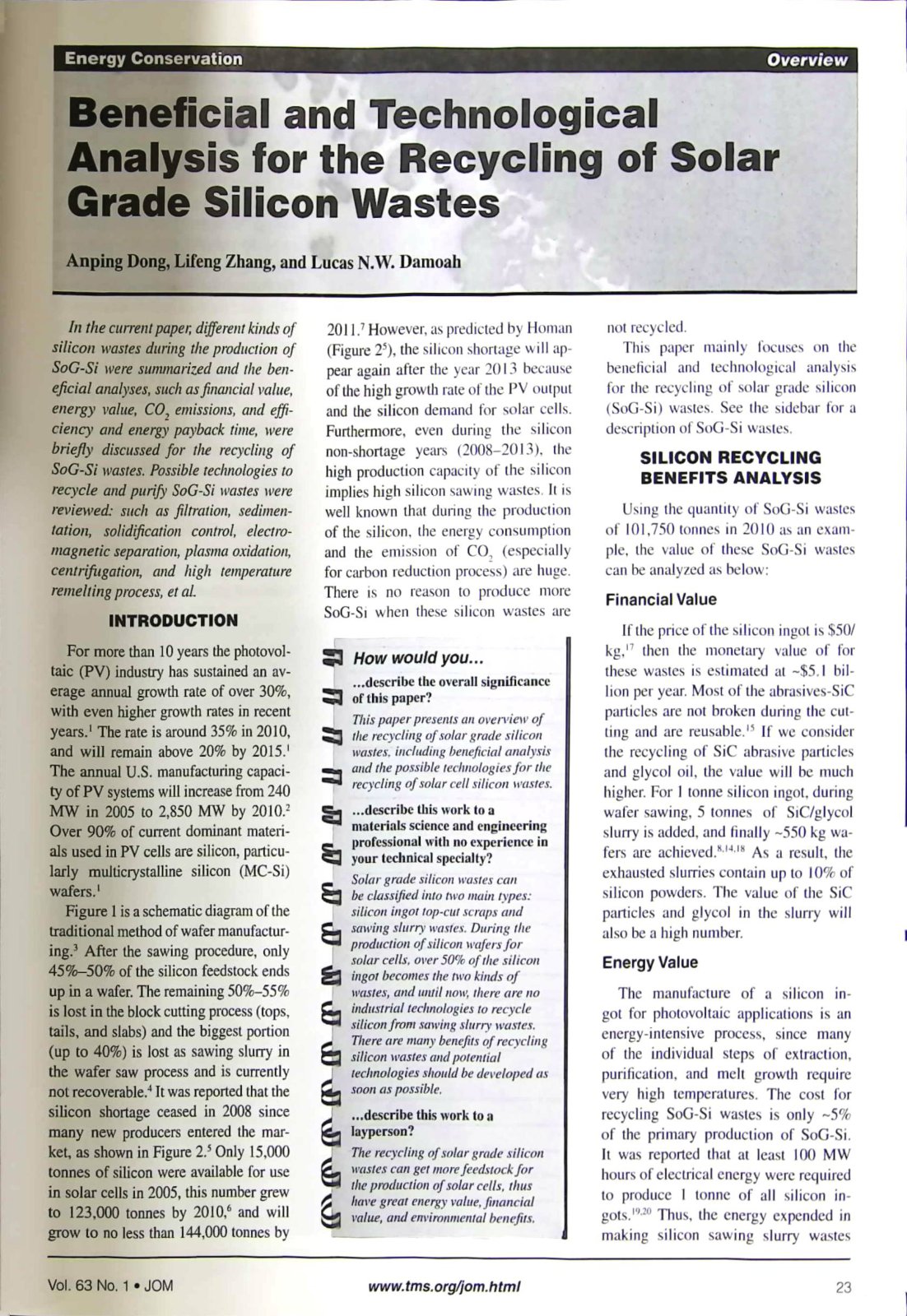 First page of Beneficial and Technological Analysis for the Recycling of Solar Grade Silicon Wastes