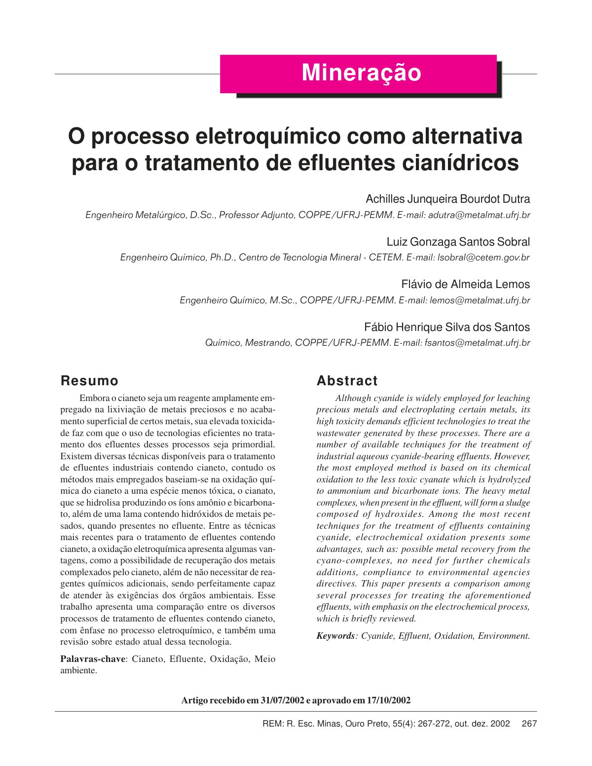 First page of O processo eletroquimico como alternativ