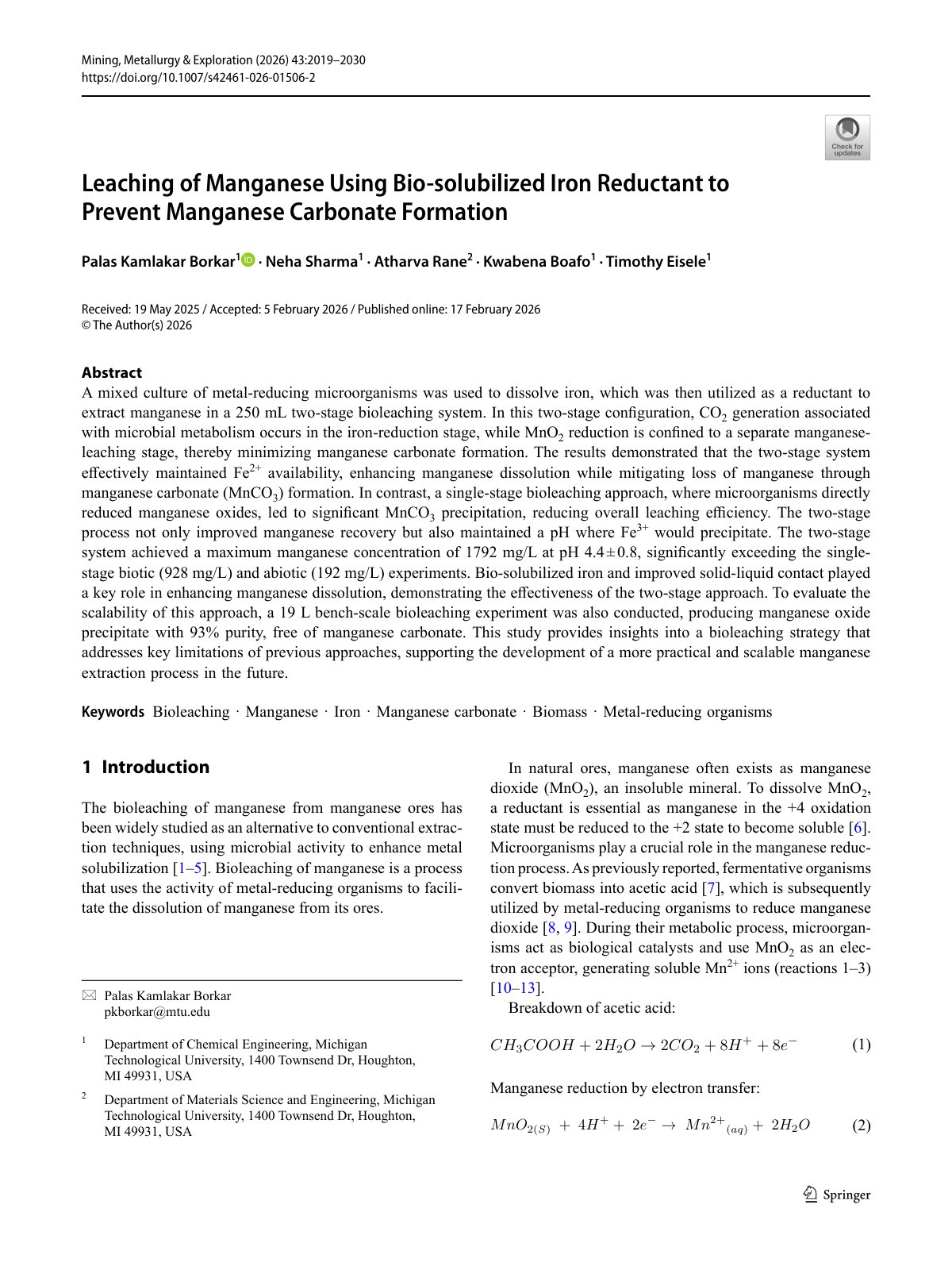First page of 2026   Borkar   Manganese leaching with bio solubilized iron