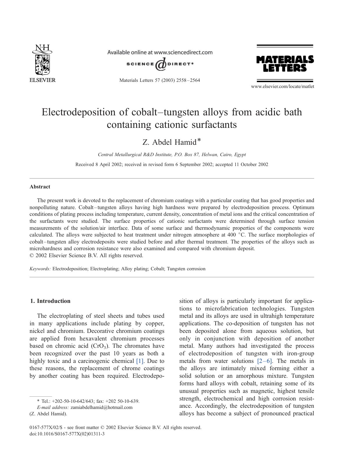 First page of Electrodeposition of cobalt tungsten all