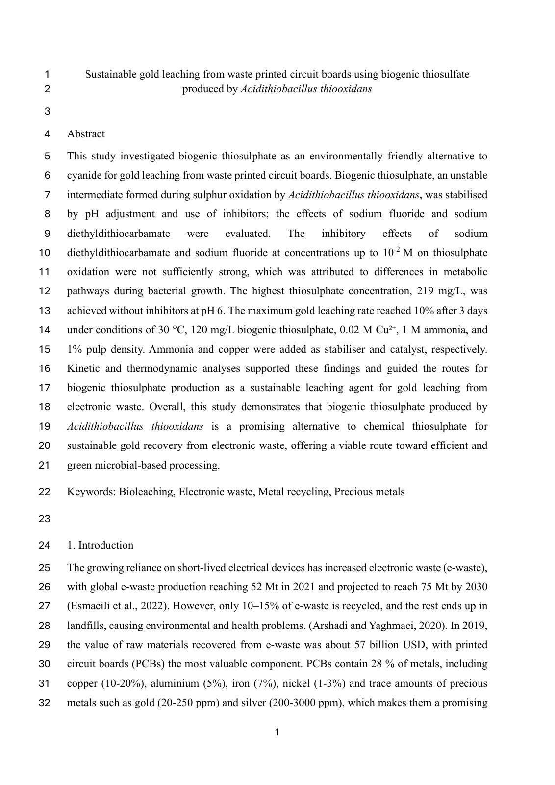 First page of 2026   Ilkhani   Biogenic Thiosulfate Gold Leaching from PCBs