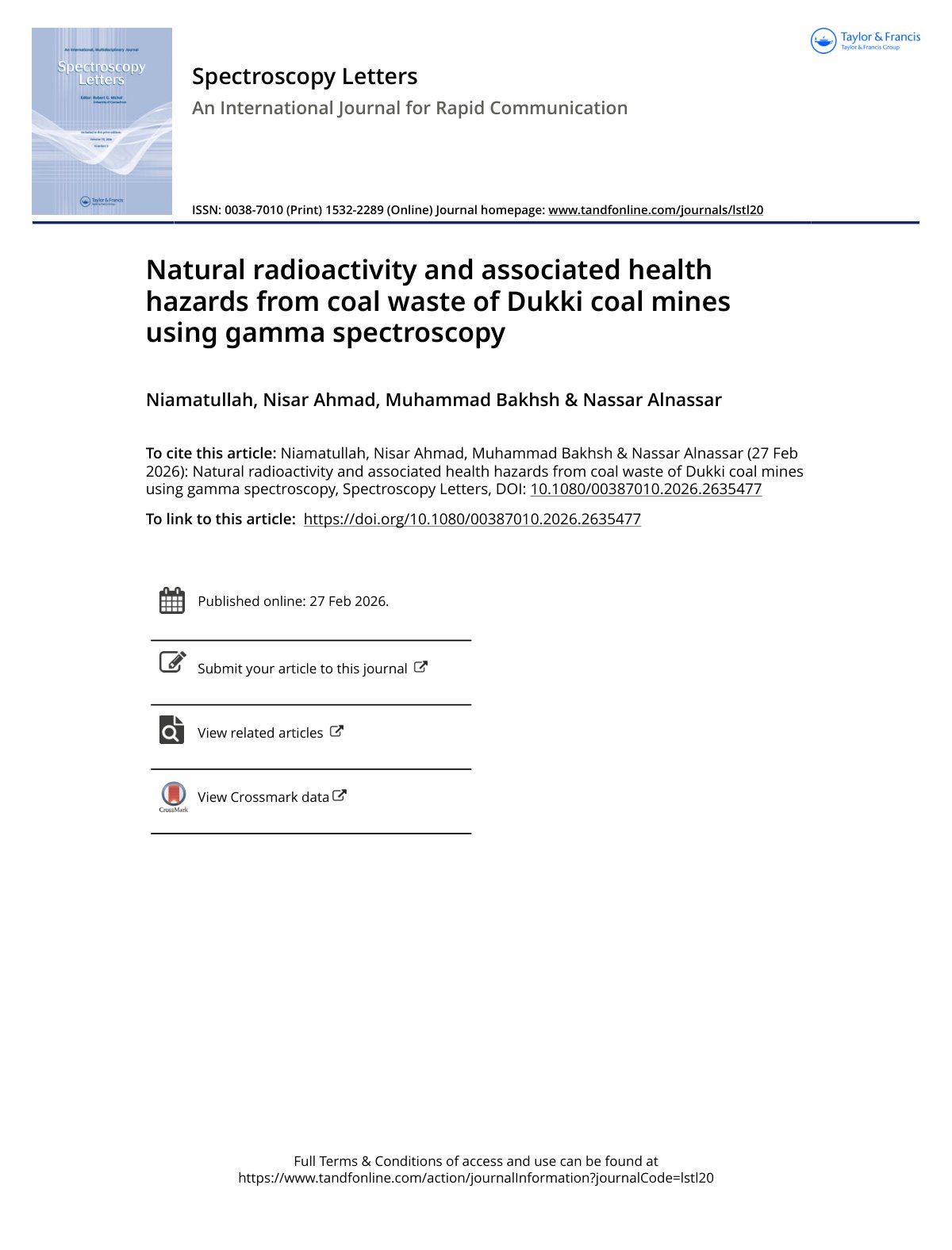 First page of NaturalradioactivityandassociatedhealthhazardsfromcoalwasteofDukkicoalminesusinggammaspectroscopy