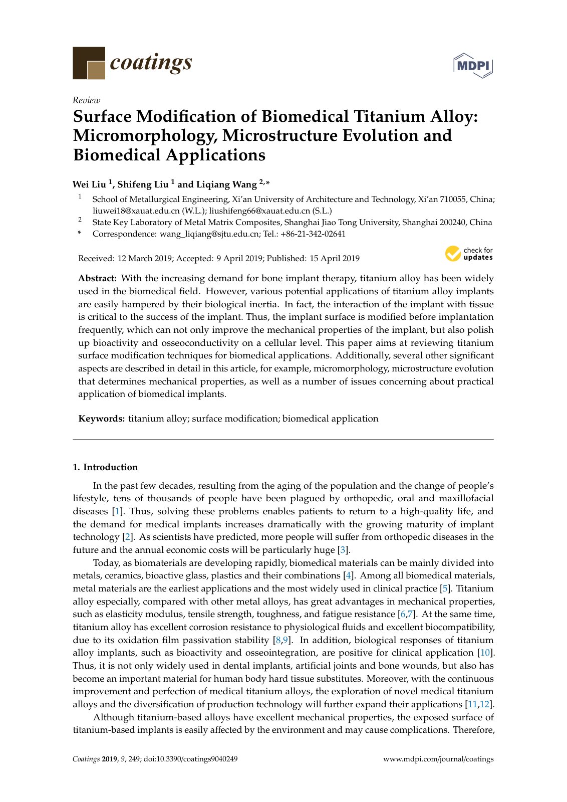 First page of 2019 Wei Liu Surface Modification of Biomedical Titanium Alloy Micromorphology Microstructure Evolution and Biomedical coatings9040249