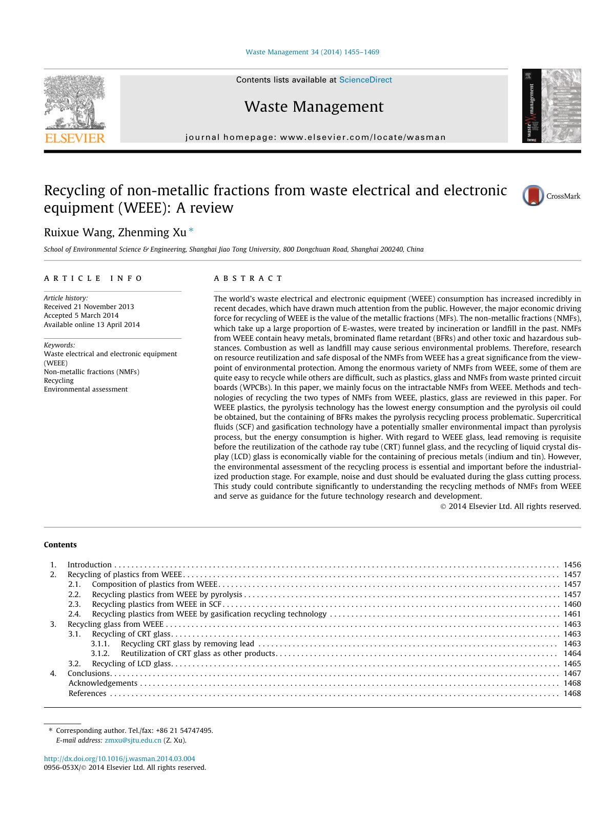 First page of Recycling of non metallic fractions from waste electrical and 2014 Waste Man