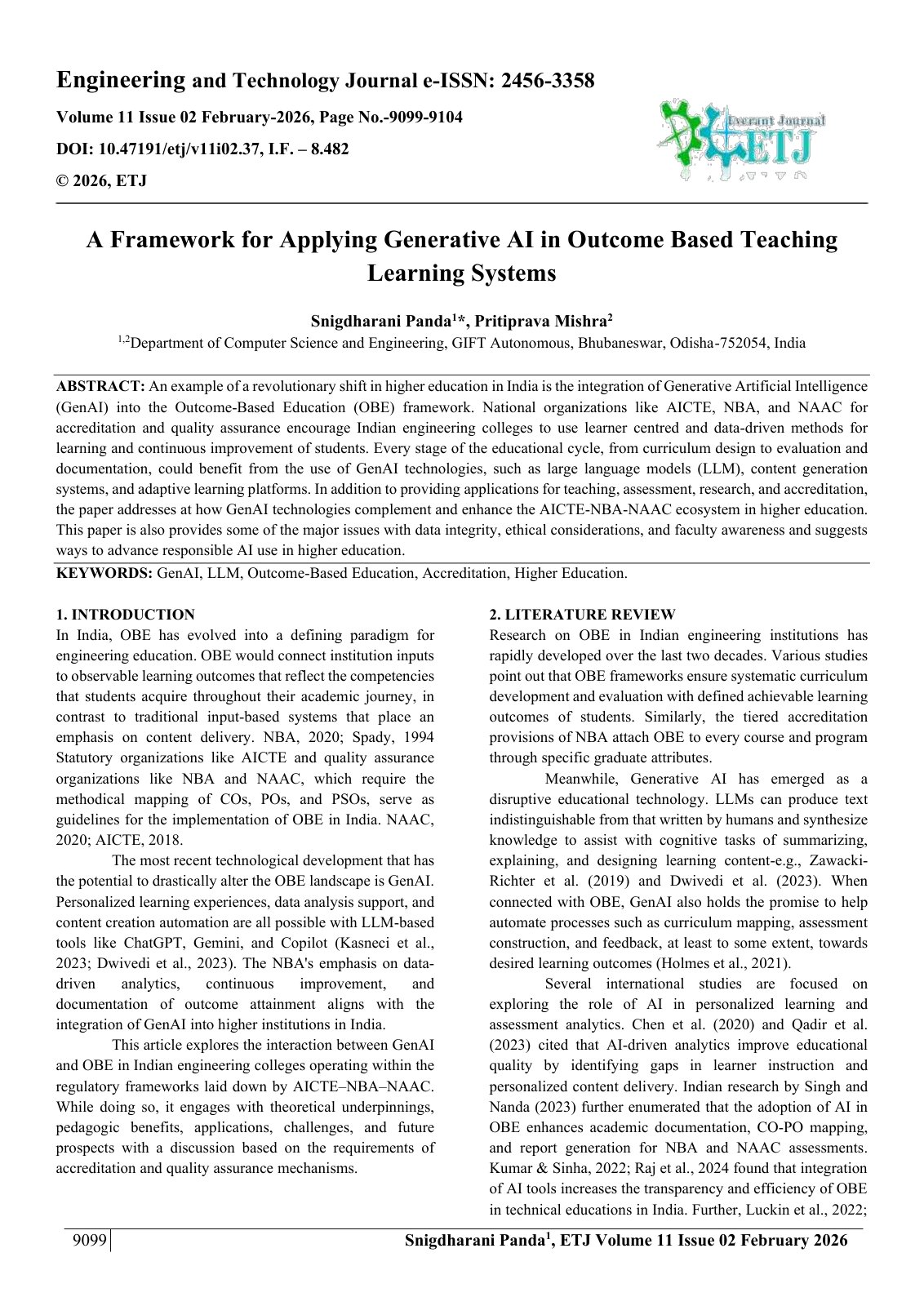 First page of A Framework for Applying Generative AI in Outcome Based Teaching  Learning Systems  