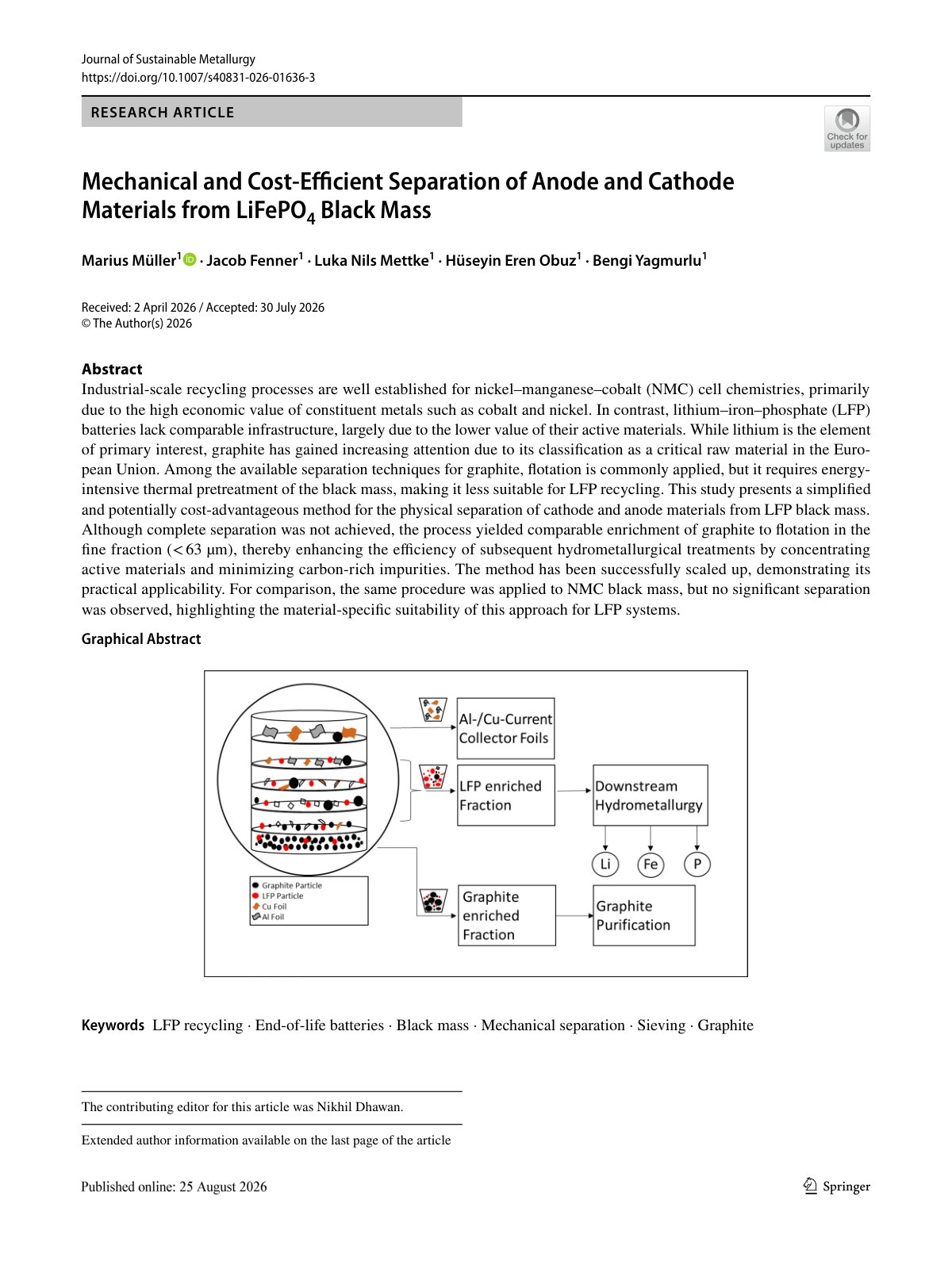 First page of 2026 Mueller LFP Black Mass Mechanical Separation