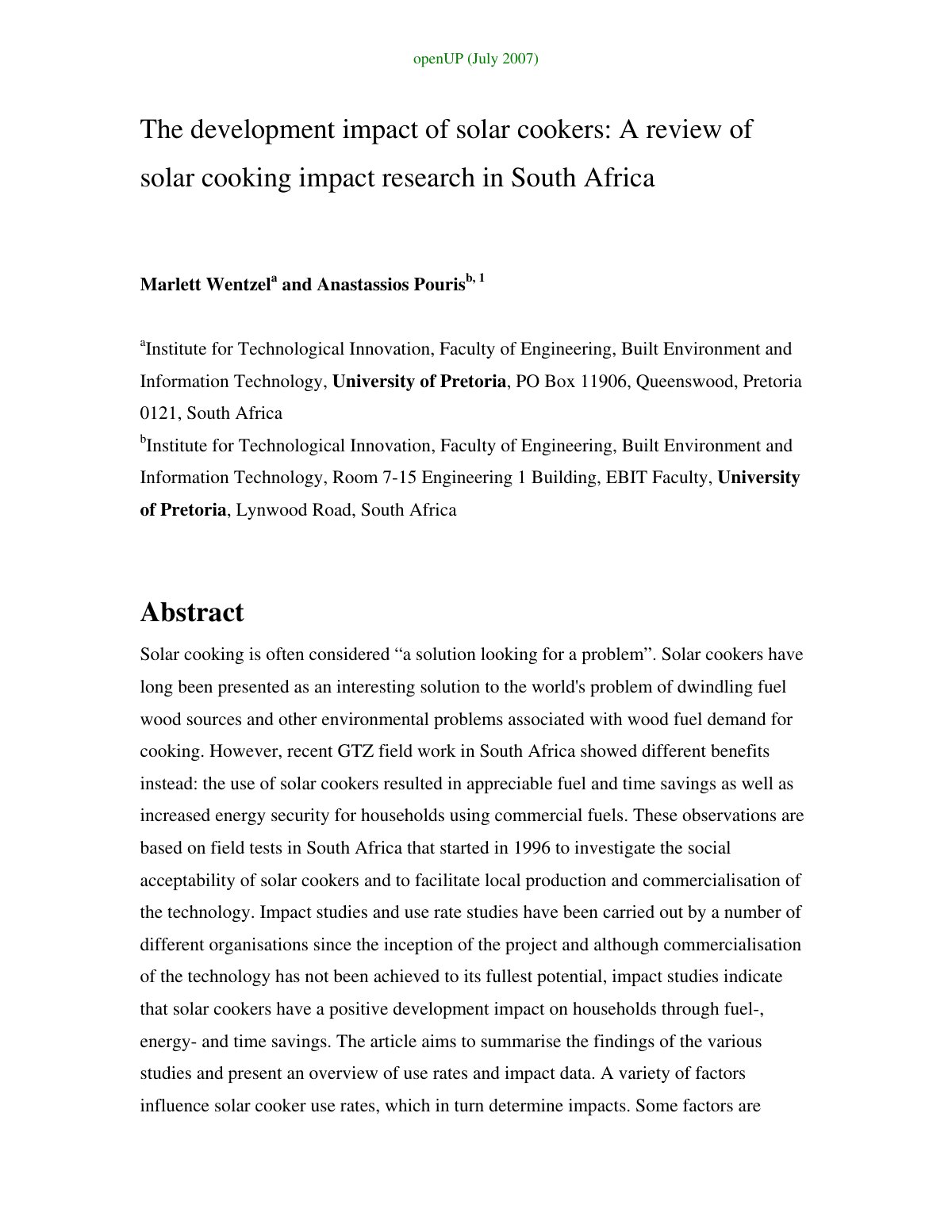 First page of The development impact of solar cookers