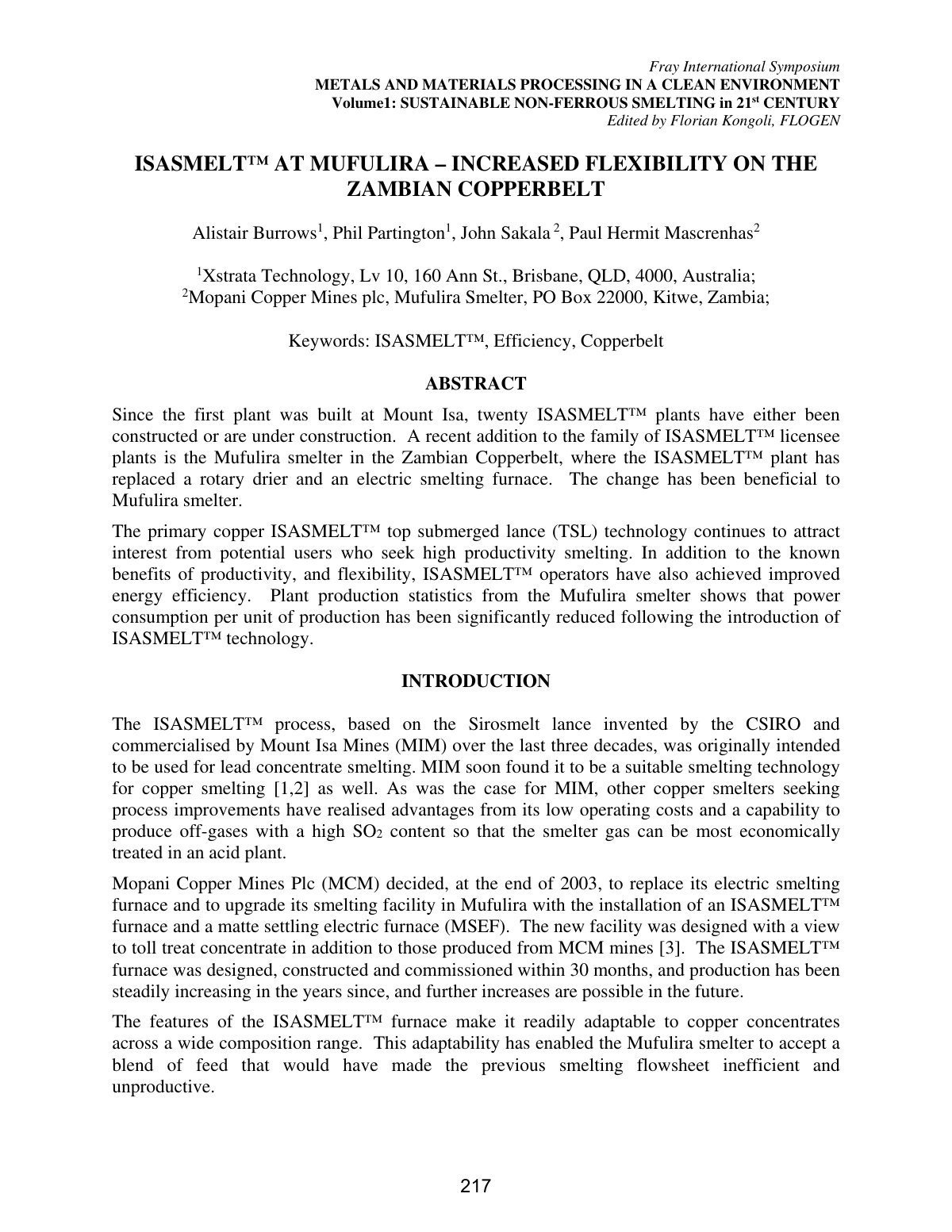 First page of ISASMELT AT MUFULIRA – INCREASED FLEXIBILITY ON THE  ZAMBIAN COPPERBELT 