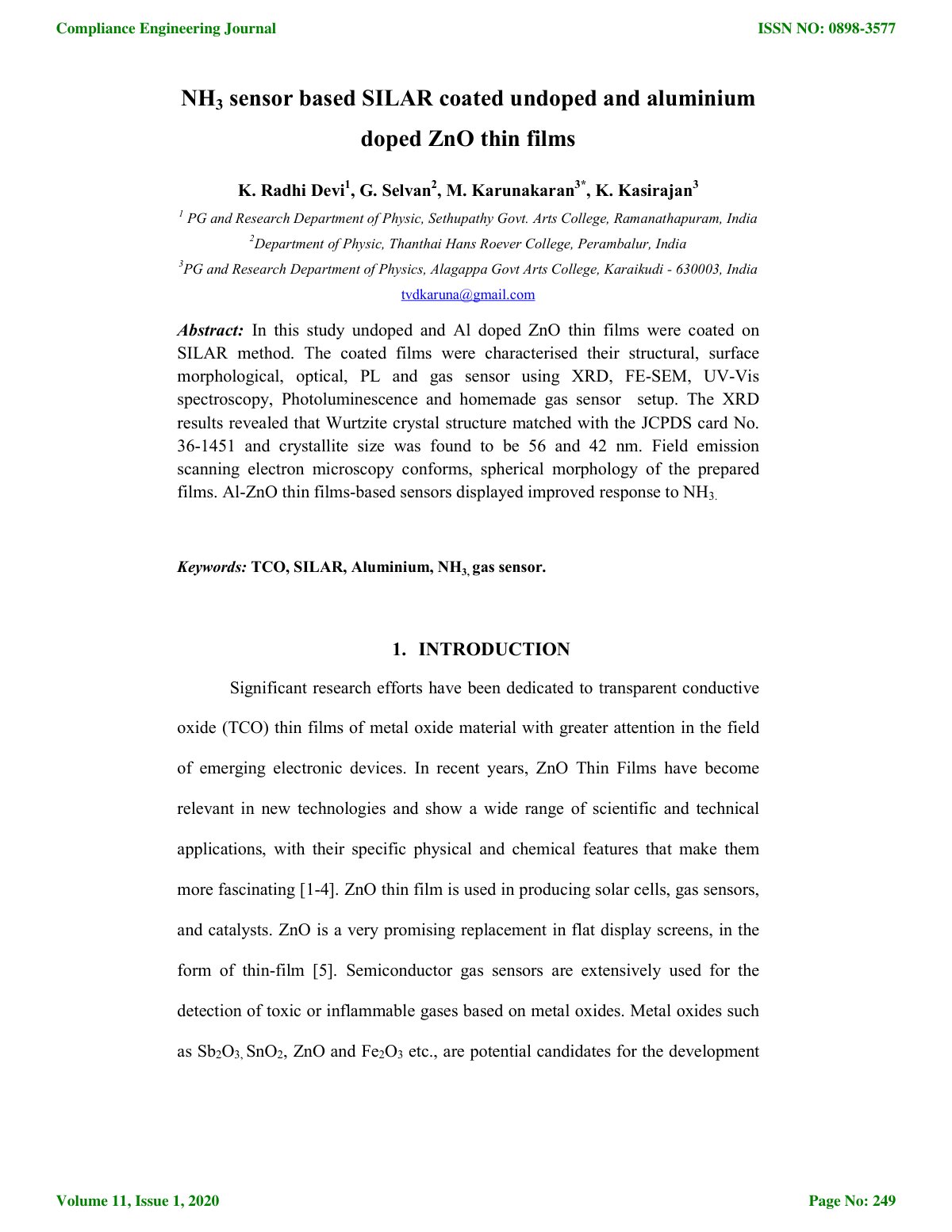 First page of NH 3 sensor based SILAR coated undoped a