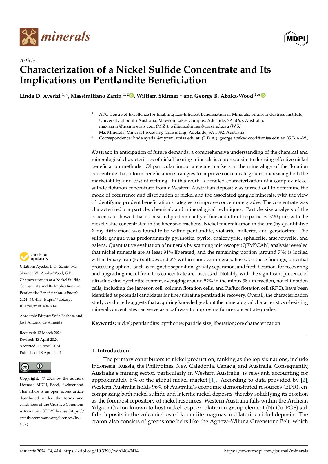 First page of Characterization of a Nickel Sulfide Concentrate and Its Implications on Pentlandite Beneficiation