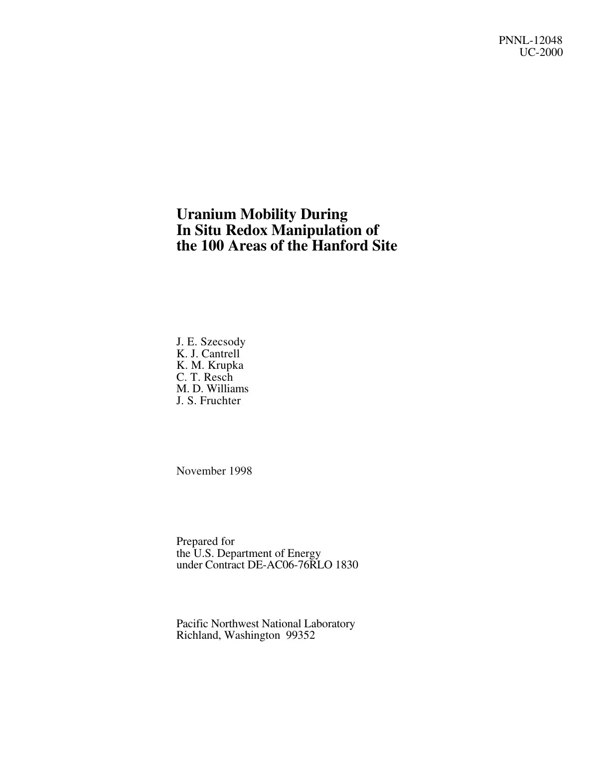 First page of Uranium Mobility During In Situ Redox Manipulation of the 100 Areas of the Hanford Site