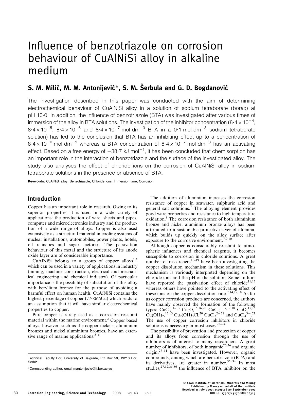 First page of Influence of benzotriazole on corrosion