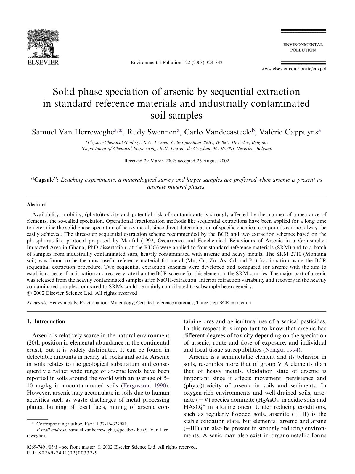 First page of Solid phase speciation of arsenic by seq