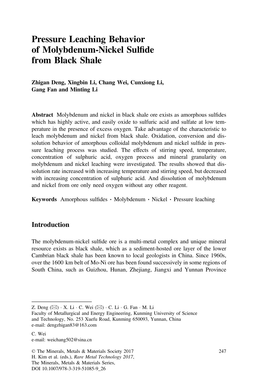 First page of Pressure Leaching Behavior of Molybdenum-Nickel Sulfide from Black Shale