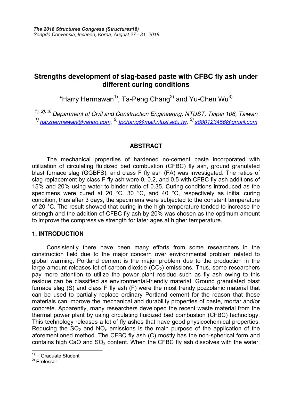 First page of Strengths development of slag-based paste with CFBC fly ash under different curing conditions