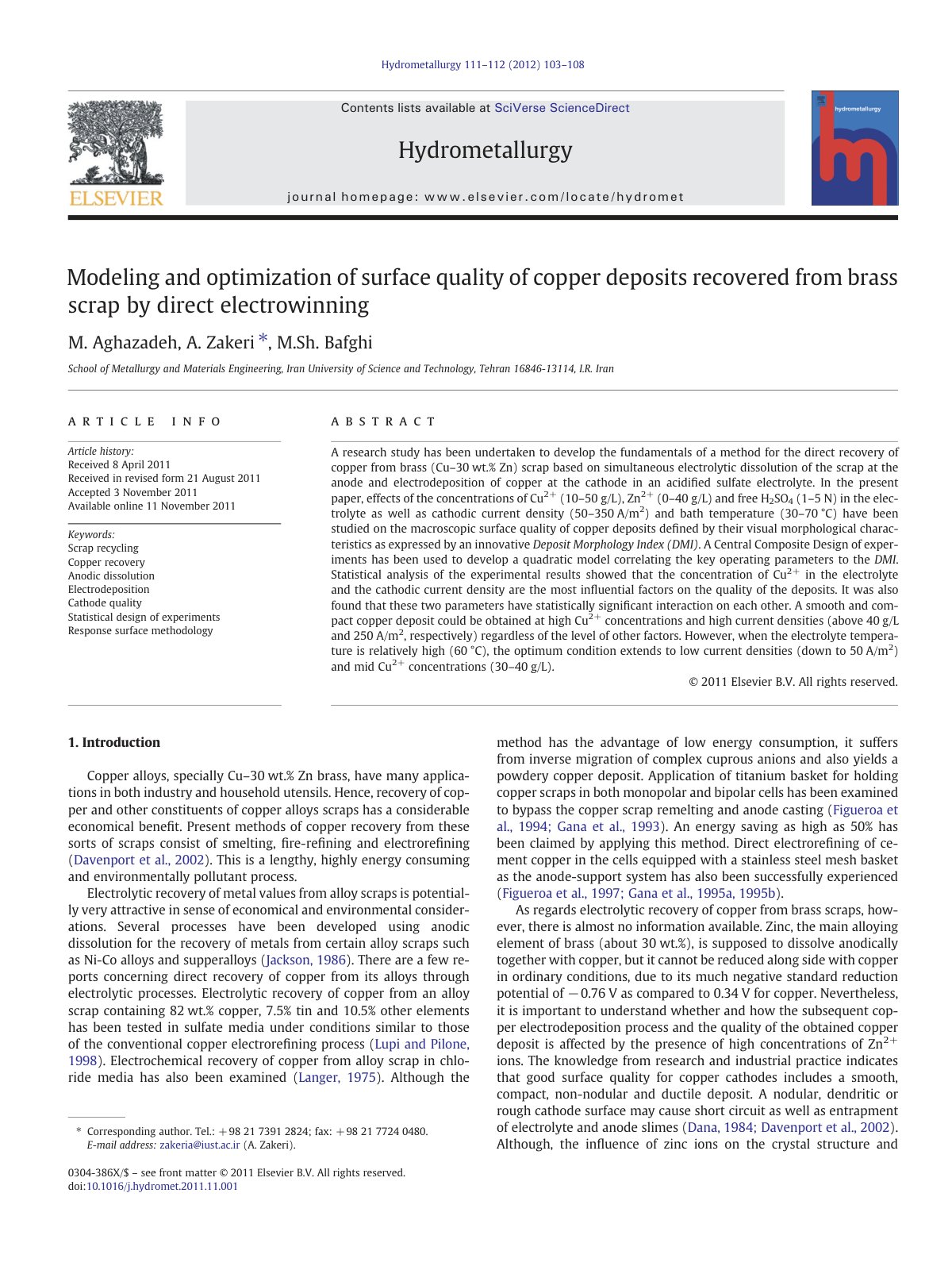 First page of Modeling and optimization of surface quality of copper deposits recovered from brass scrap by direct electrowinning