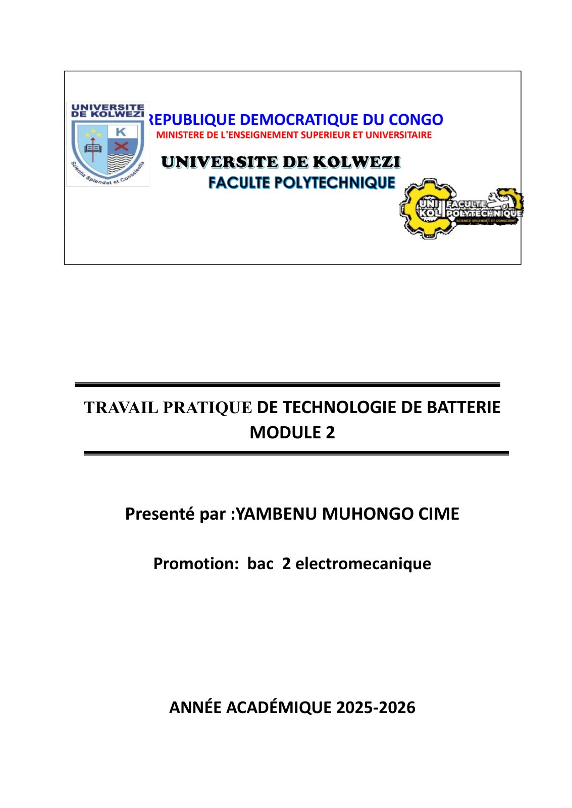First page of TRAVAIL PRATIQUE DE TECHNOLOGIE DE BATTERIE MODULE 2