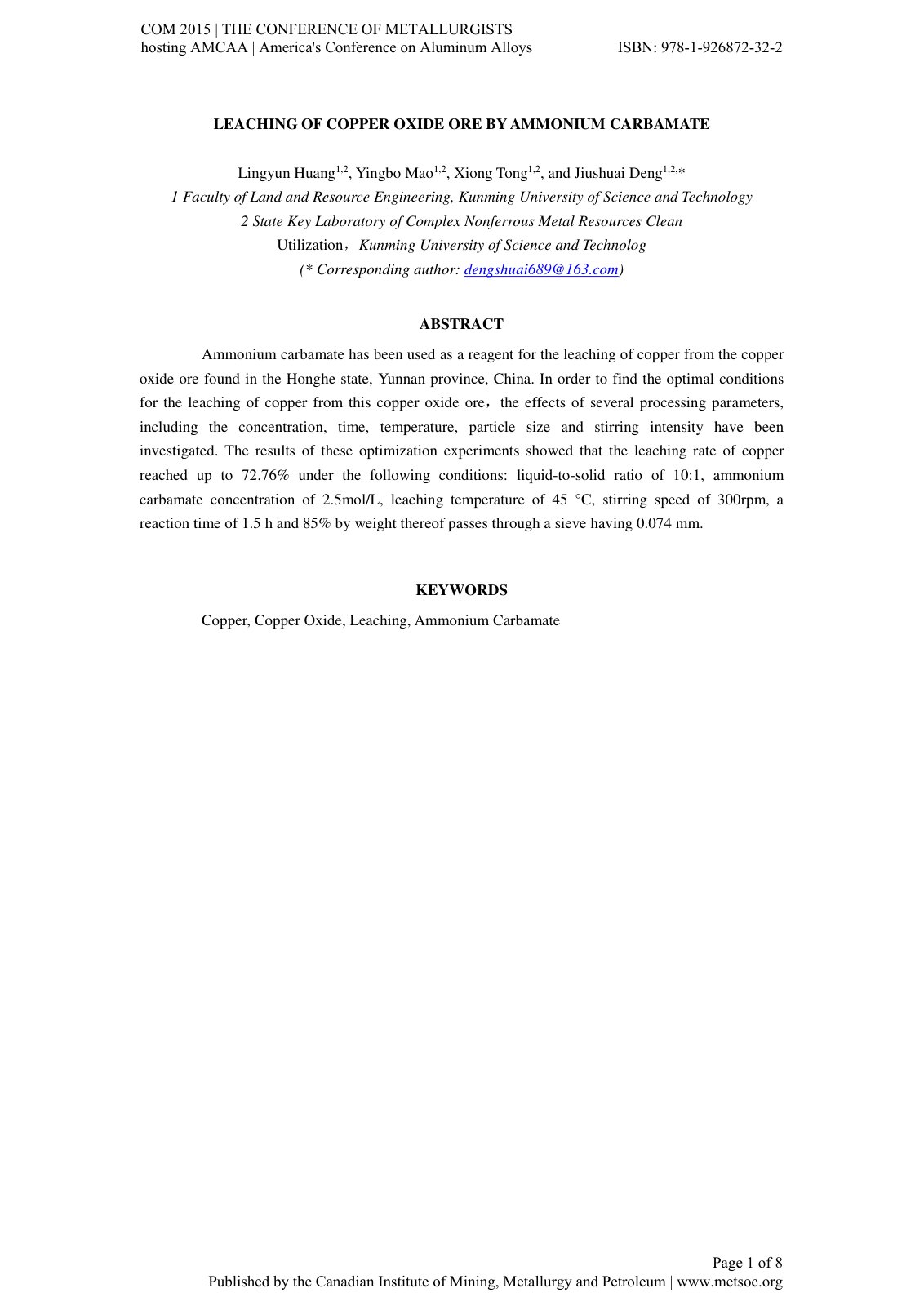 First page of Leaching of Copper Oxide Ore by Ammonium Carbamate