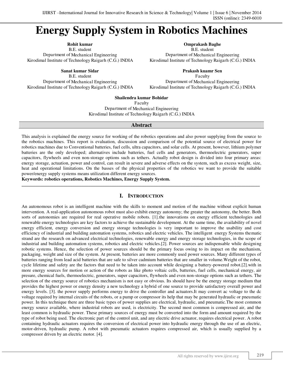 First page of ENERGY SUPPLY SYSTEM IN ROBOTICS MACHINE