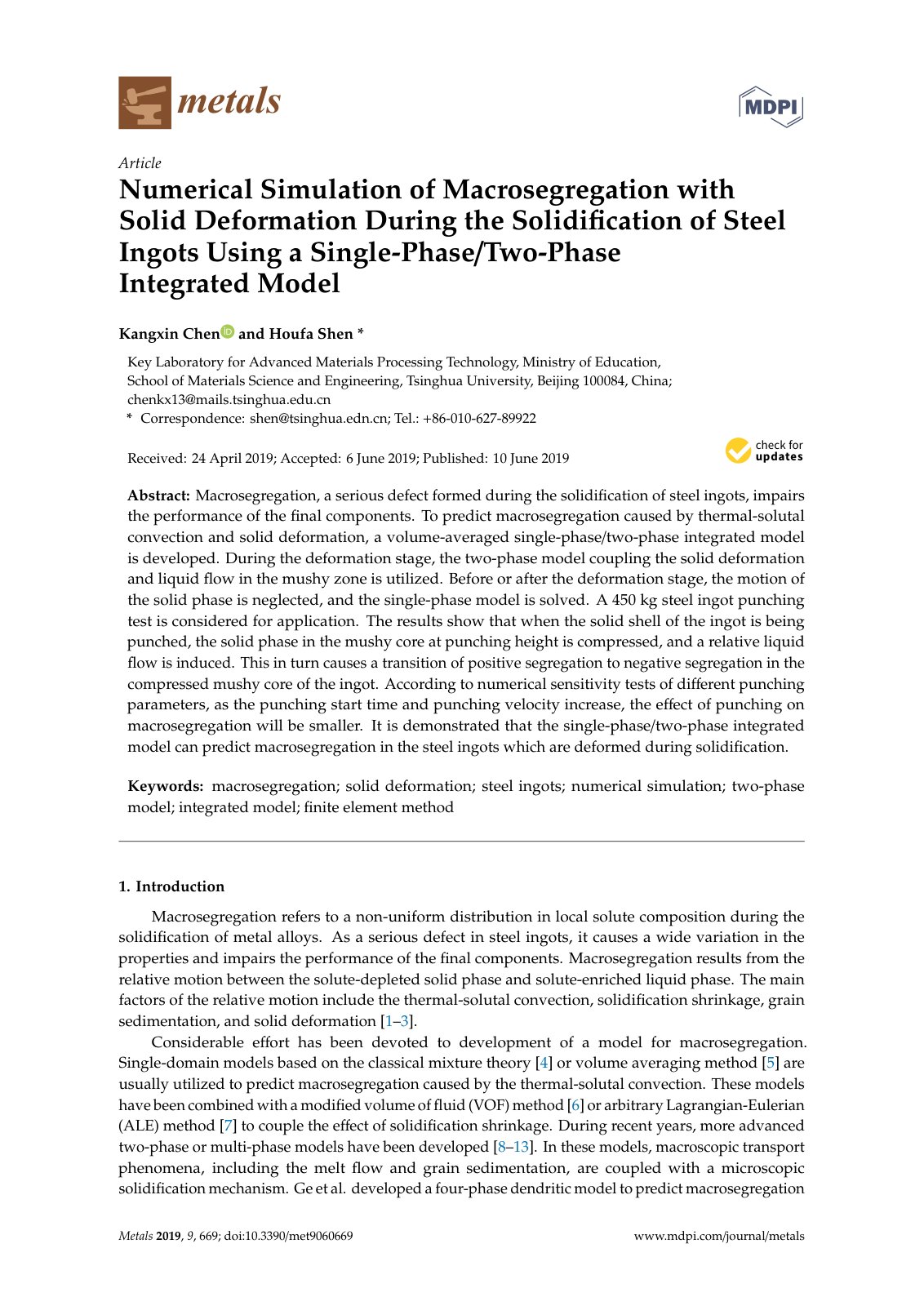 First page of Numerical Simulation of Macrosegregation with Solid Deformation During the Solidification of Steel Ingots Using a Single-Phase /Two-Phase Integrated Model