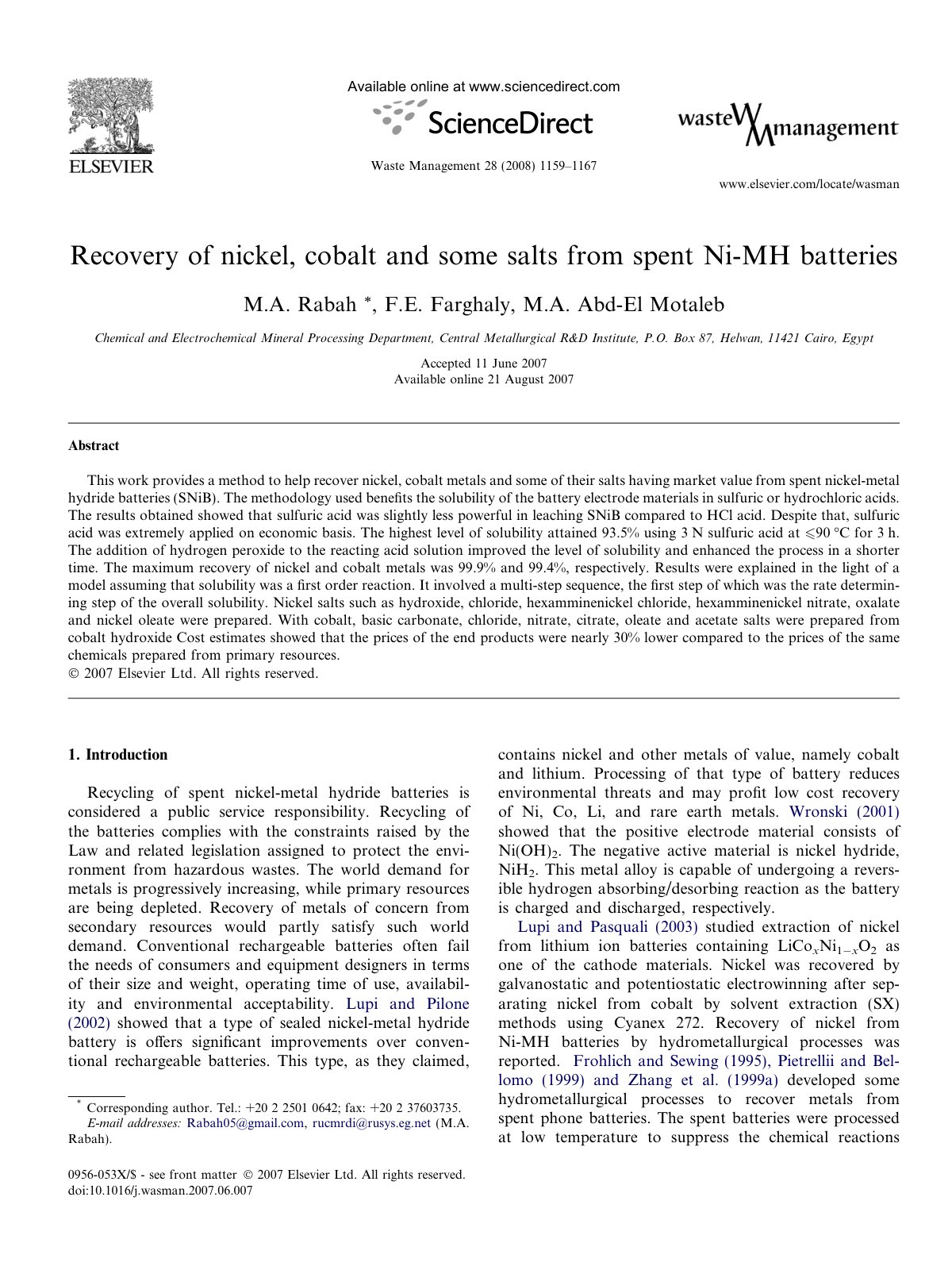First page of Recovery of nickel cobalt and some salts