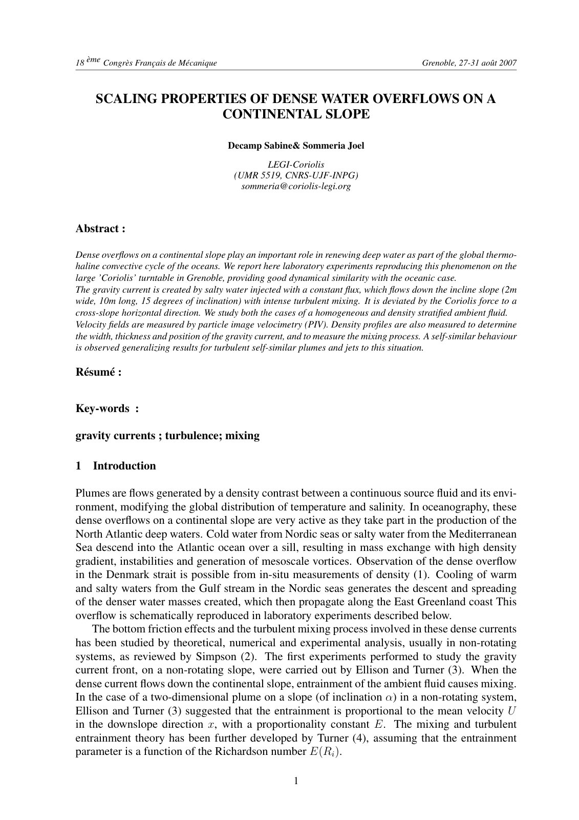 First page of SCALING PROPERTIES OF DENSE WATER OVERFLOWS ON A CONTINENTAL SLOPE