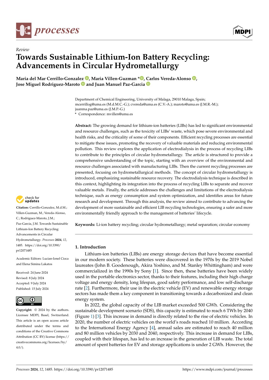 First page of Towards Sustainable Lithium-Ion Battery Recycling: Advancements in Circular Hydrometallurgy