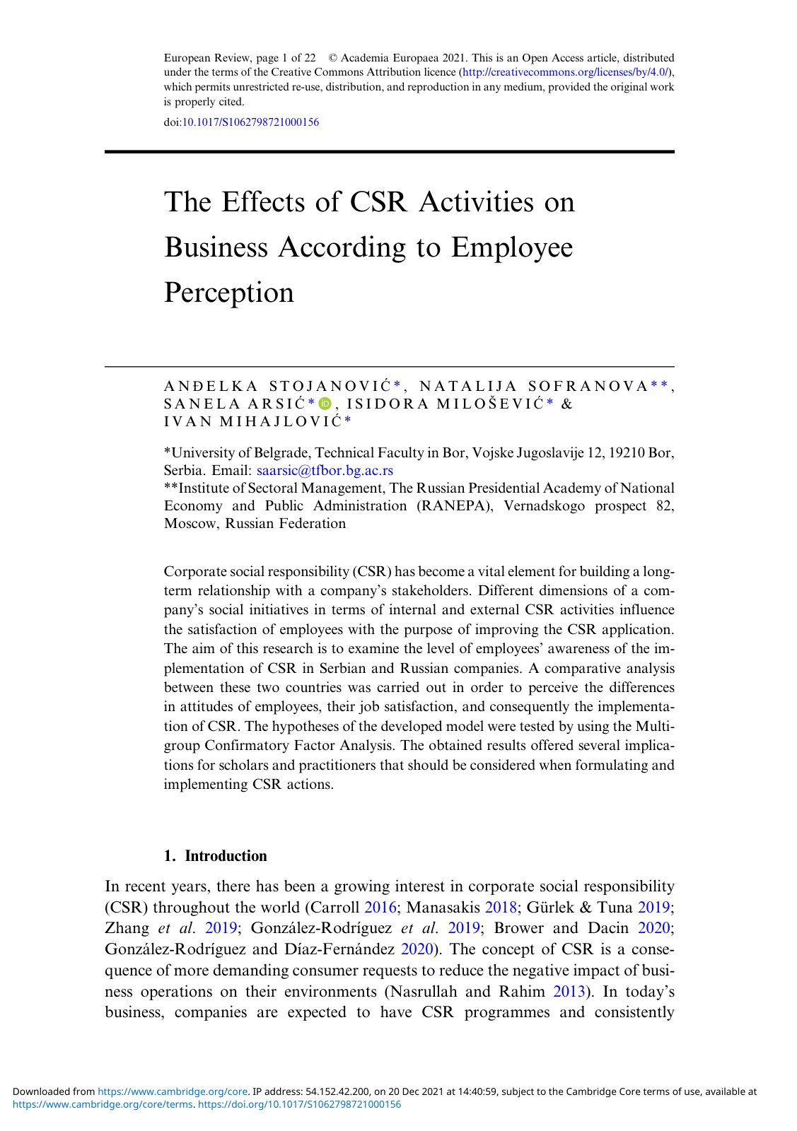 First page of The Effects of CSR Activities on Busines