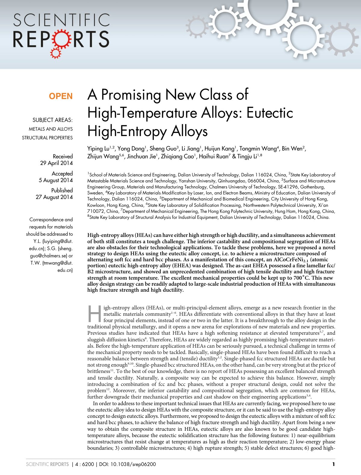 First page of A Promising New Class of High-Temperature Alloys: Eutectic High-Entropy Alloys