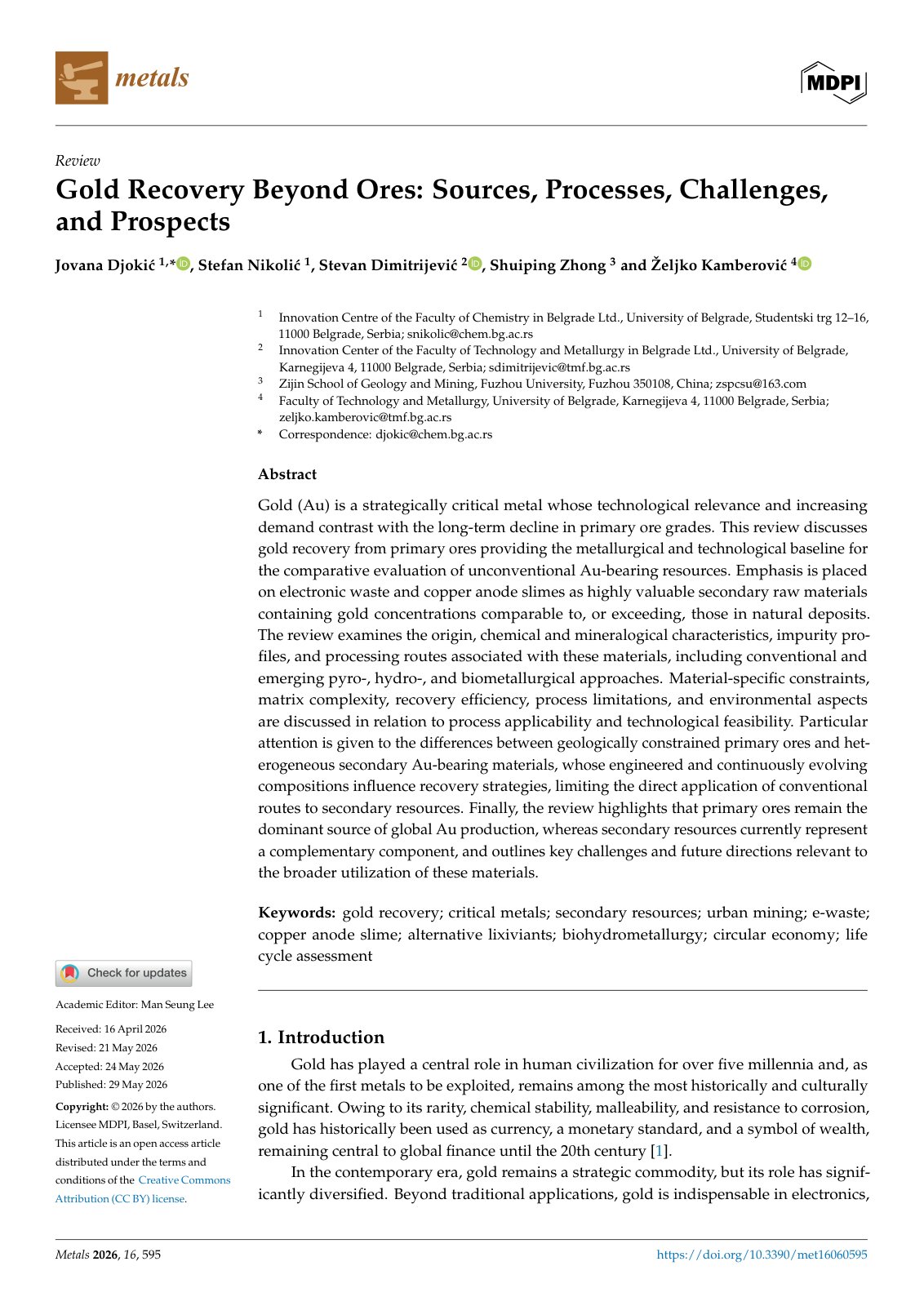 First page of Gold Recovery Beyond Ores: Sources, Processes, Challenges, and Prospects