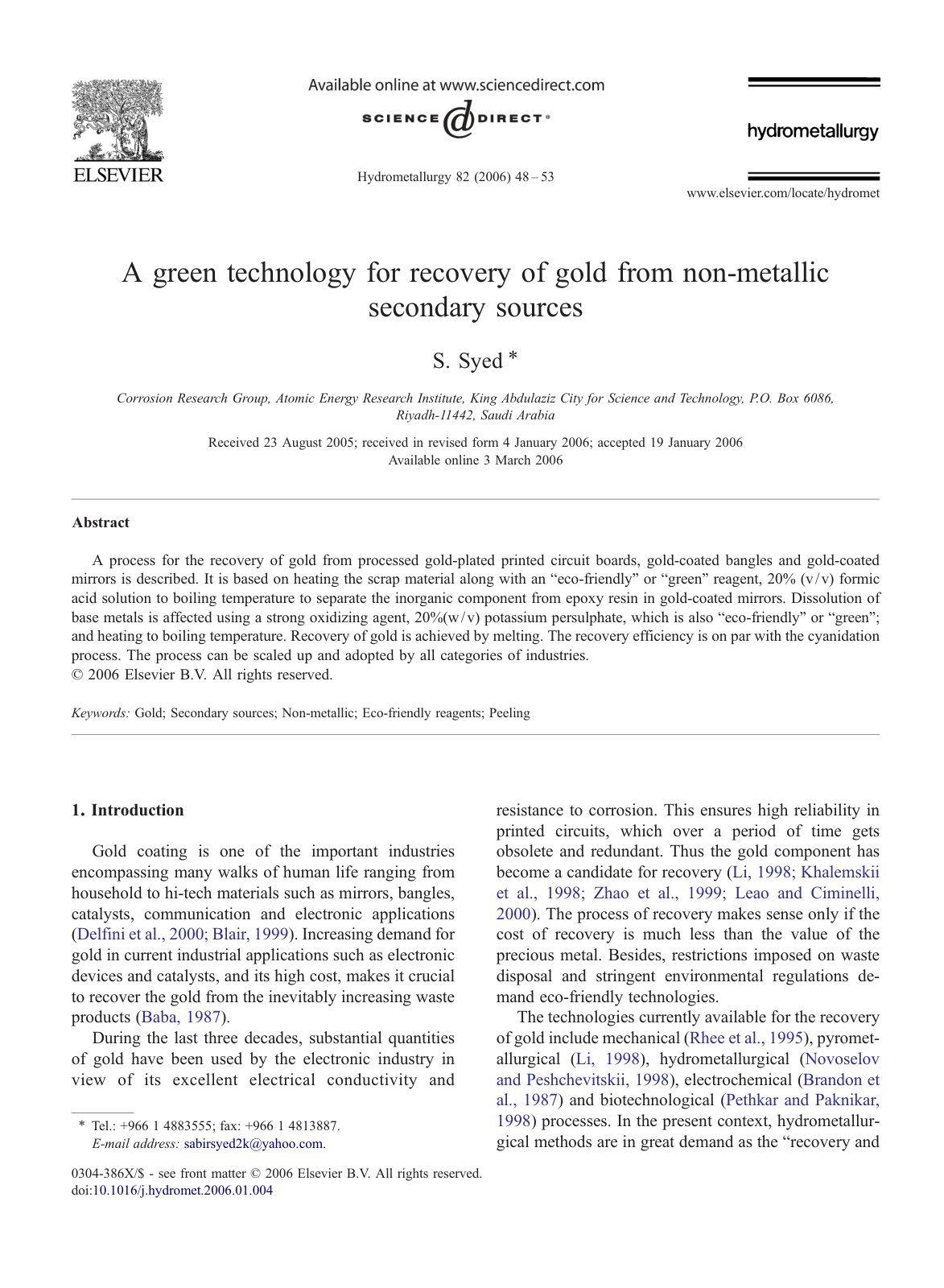 First page of A green technology for recovery of gold