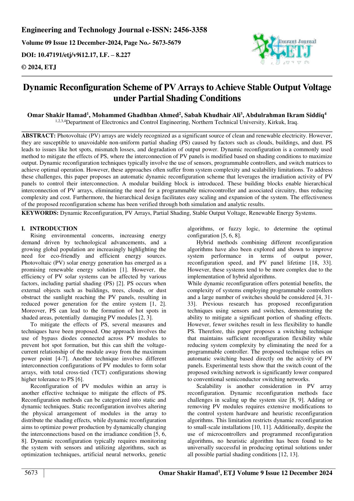 First page of Dynamic Reconfiguration Scheme of PV Arrays to Achieve Stable Output Voltage 