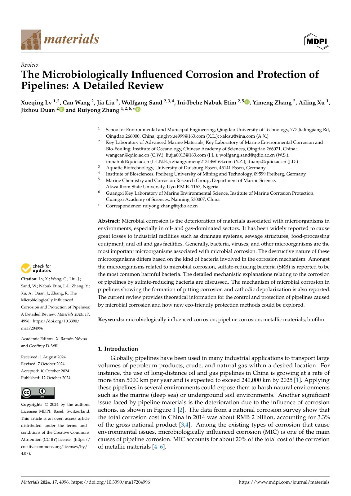 First page of The Microbiologically Influenced Corrosion and Protection of Pipelines: A Detailed Review