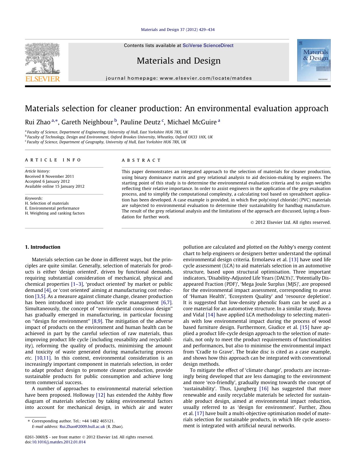 First page of Materials selection for cleaner producti