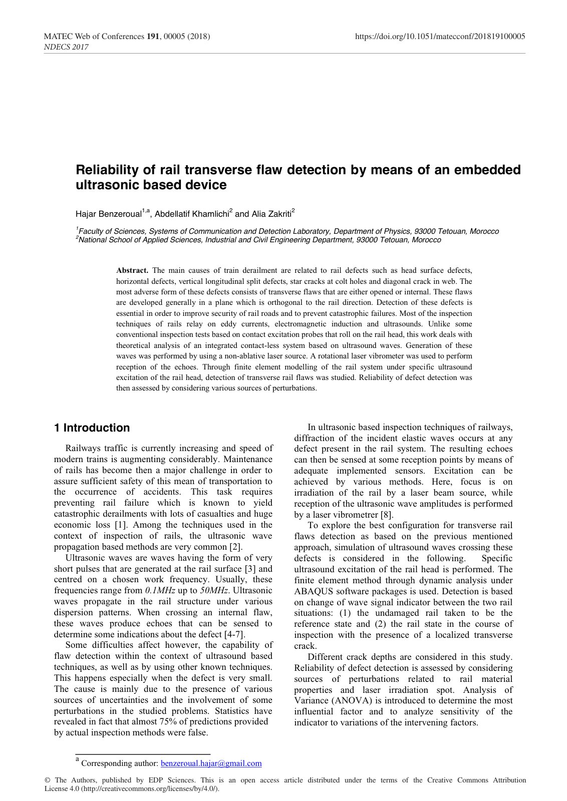 First page of Reliability of rail transverse flaw detection by means of an embedded ultrasonic based device