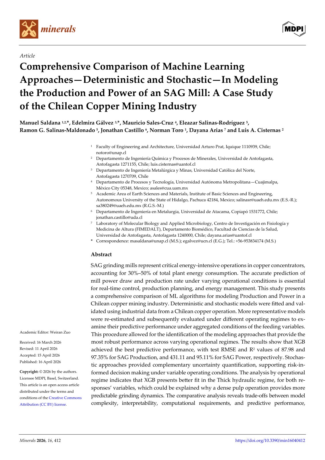 First page of Comprehensive Comparison of Machine Learning Approaches—Deterministic and Stochastic—In Modeling the Production and Power of an SAG Mill: A Case Study of the Chilean Copper Mining Industry
