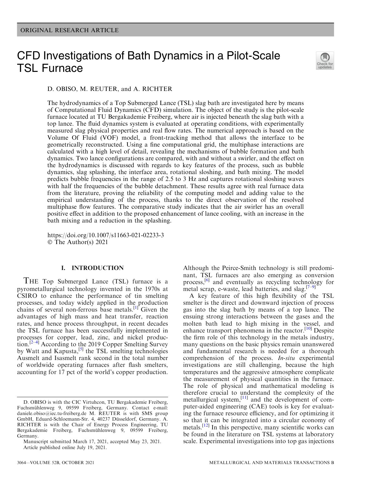 First page of CFD Investigations of Bath Dynamics in a Pilot-Scale TSL Furnace