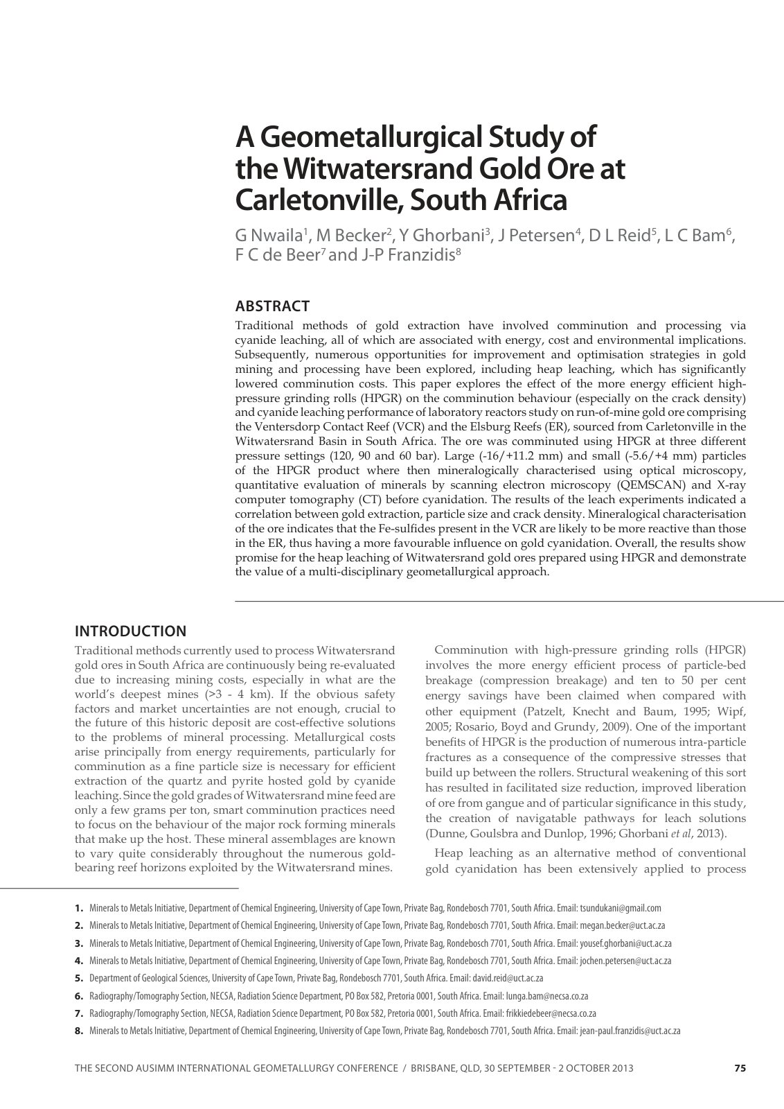 First page of A Geometallurgical Study of the Witwatersrand Gold Ore at Carletonville, South Africa