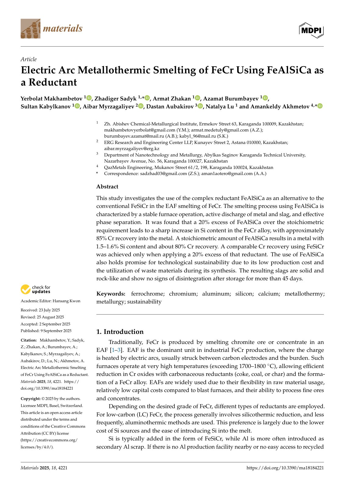 First page of Electric Arc Metallothermic Smelting of FeCr Using FeAlSiCa as a Reductant