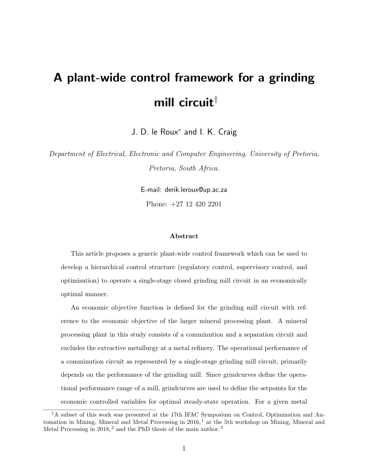 First page of A plant-wide control framework for a grinding