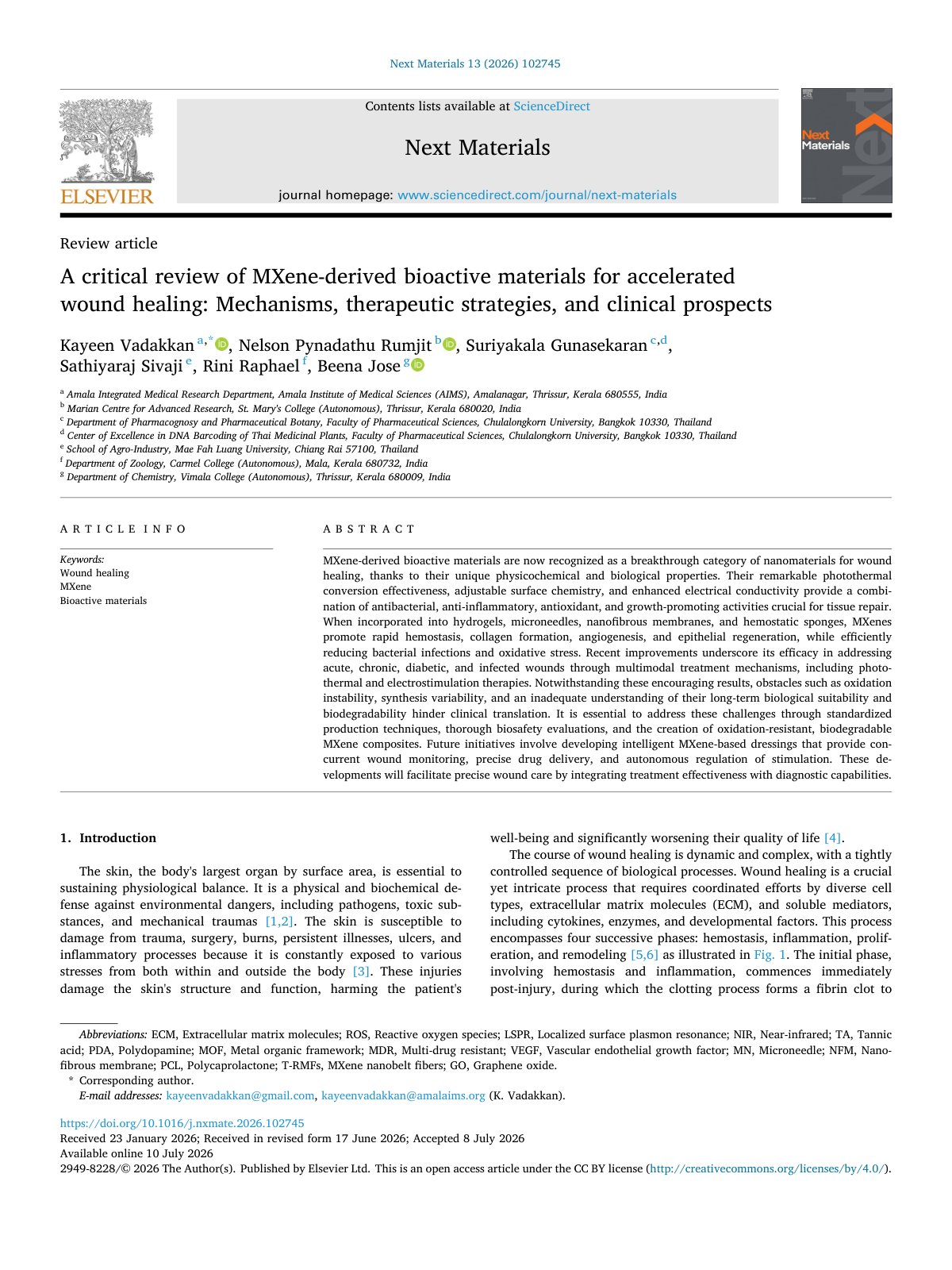 First page of A critical review of MXene derived bioactive materials for accel 2026 Next M