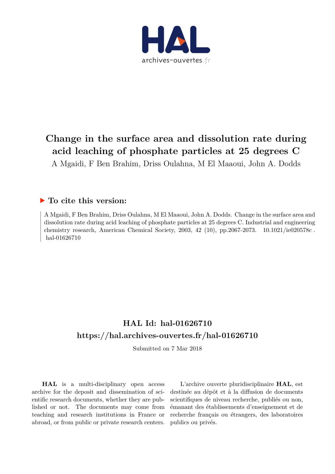First page of Change in the Surface Area and Dissoluti