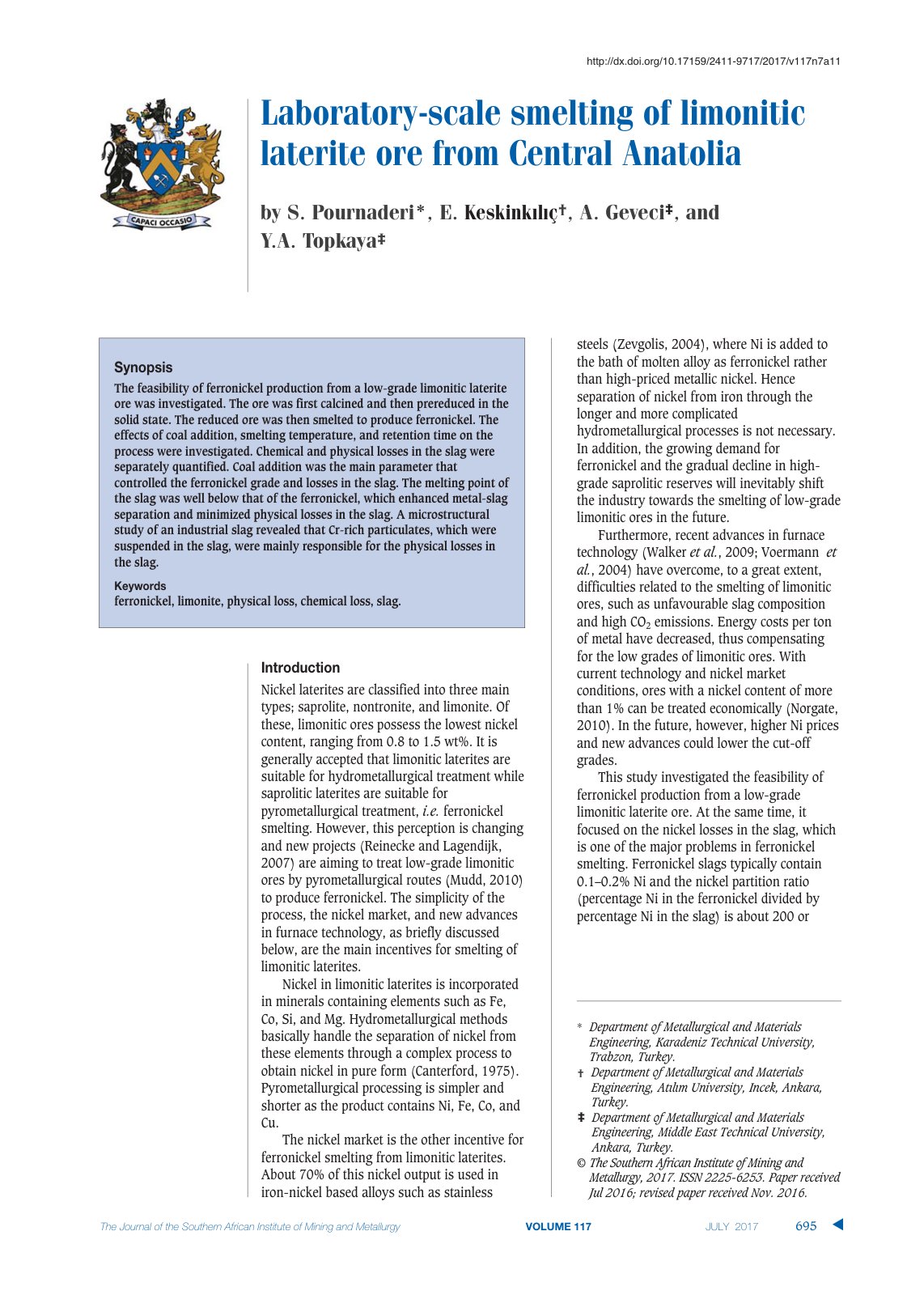 First page of Laboratory-scale smelting of limonitic laterite ore