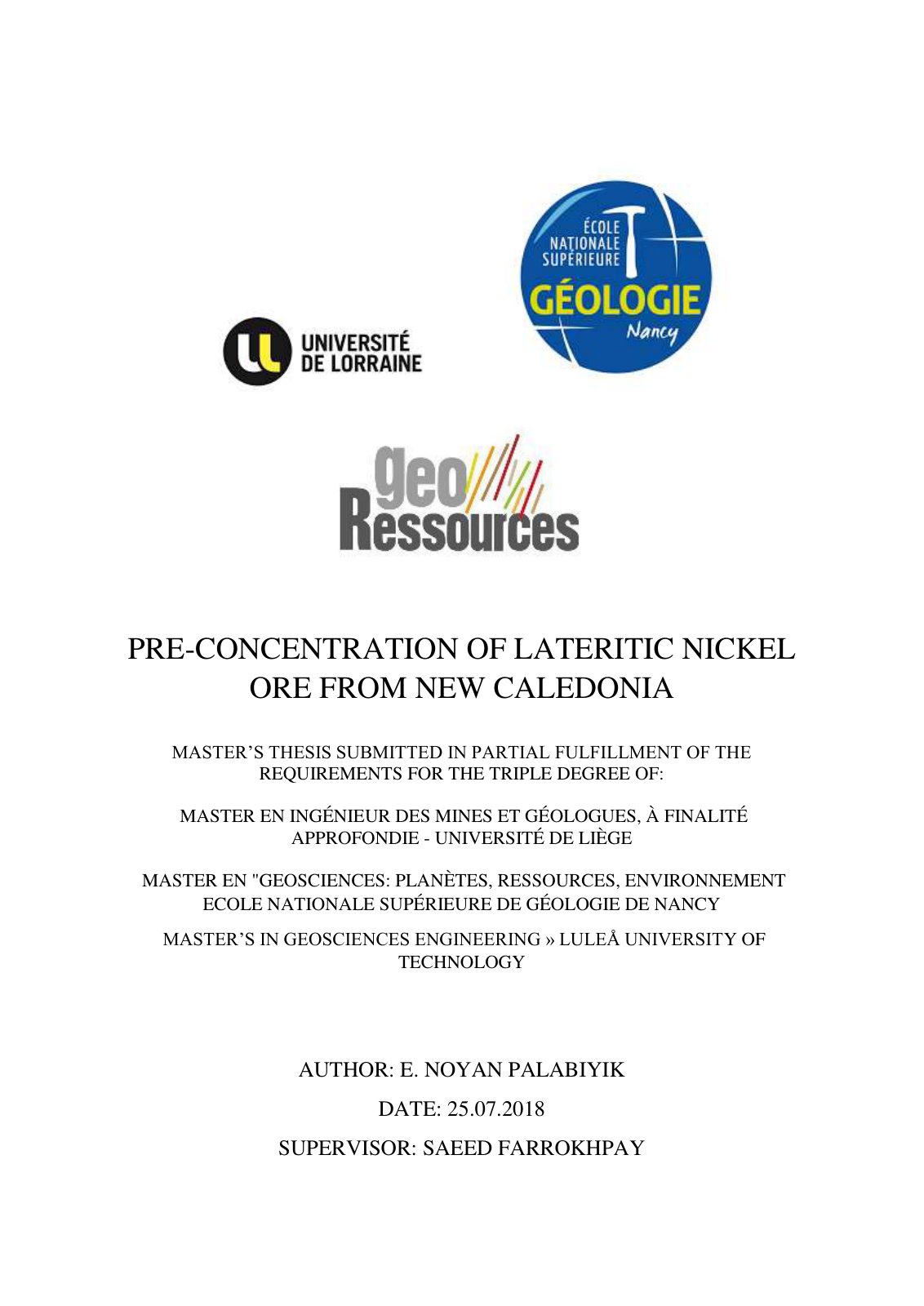 First page of PRE CONCENTRATION OF LATERITIC NICKEL OR