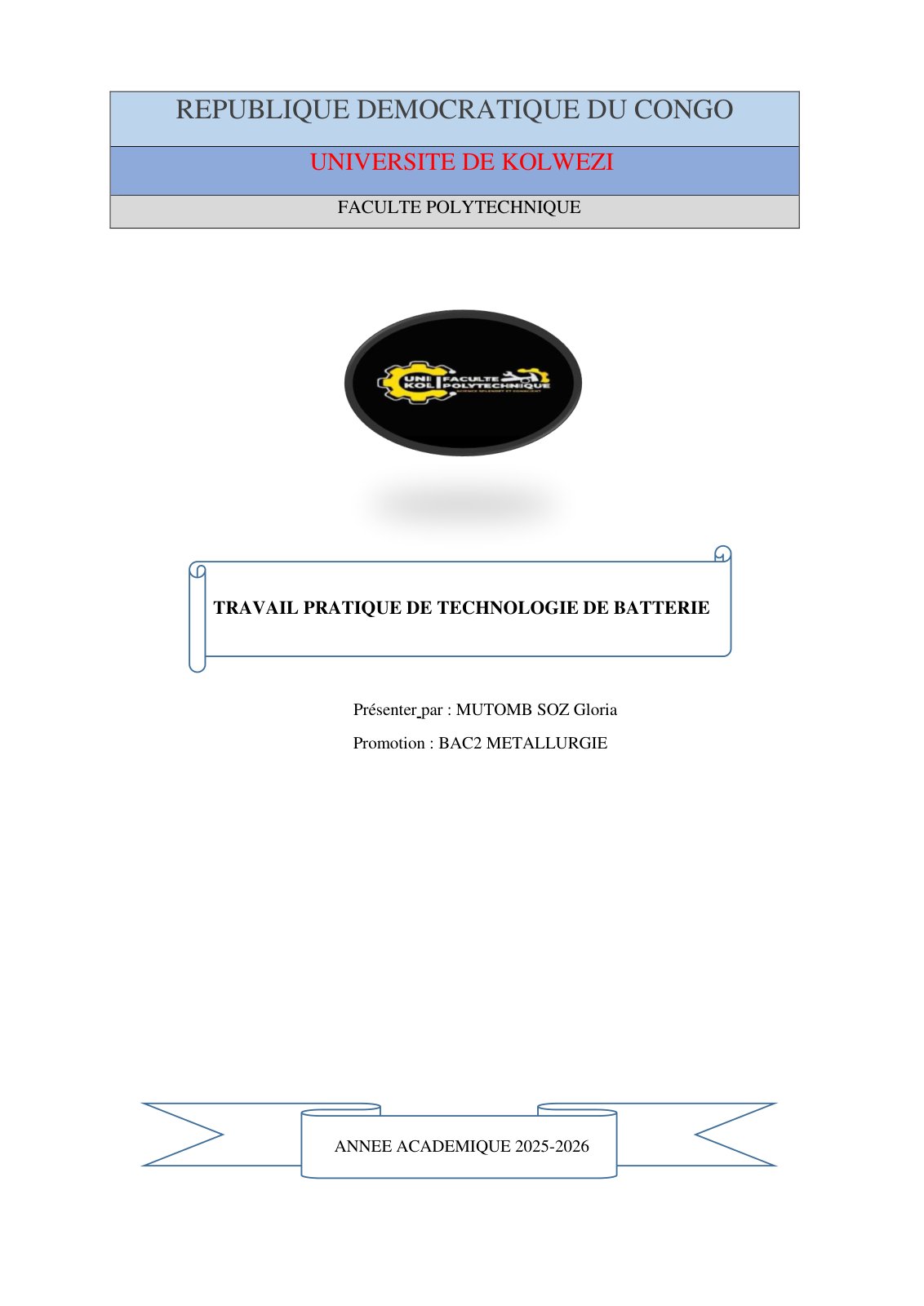 First page of TRAVAIL PRATIQUE DE TECHNOLOGIE DE BATTERIE