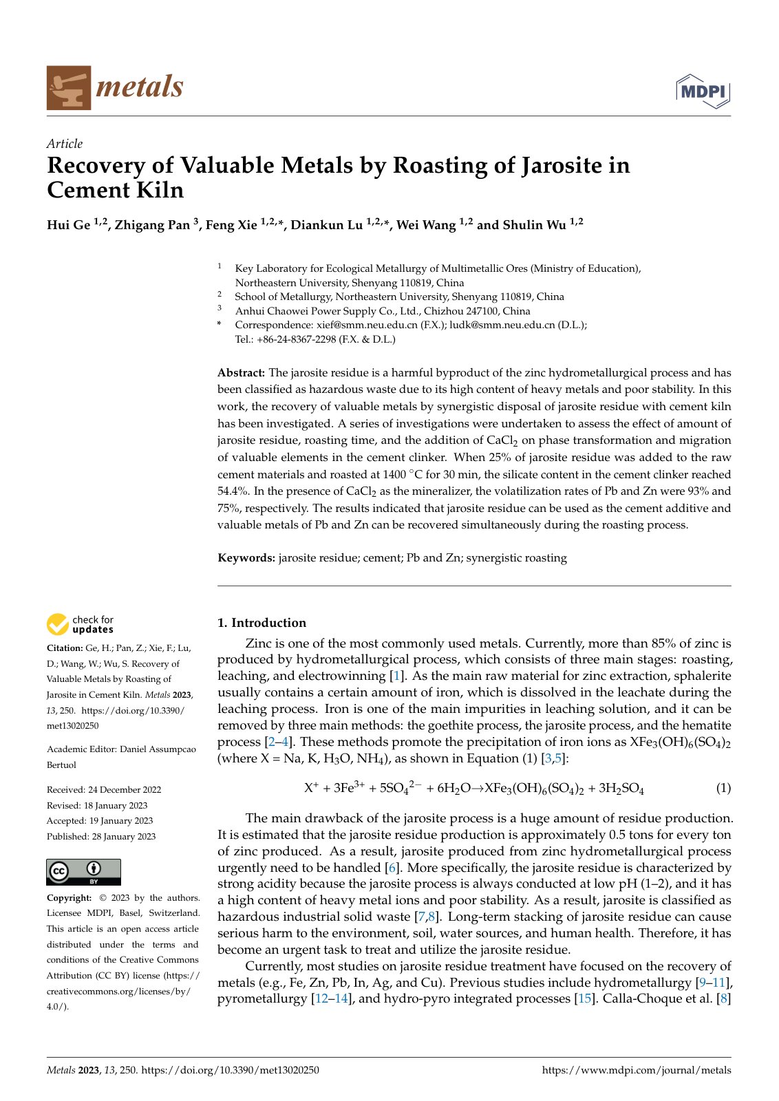 First page of Recovery of Valuable Metals by Roasting of Jarosite inCement Kiln